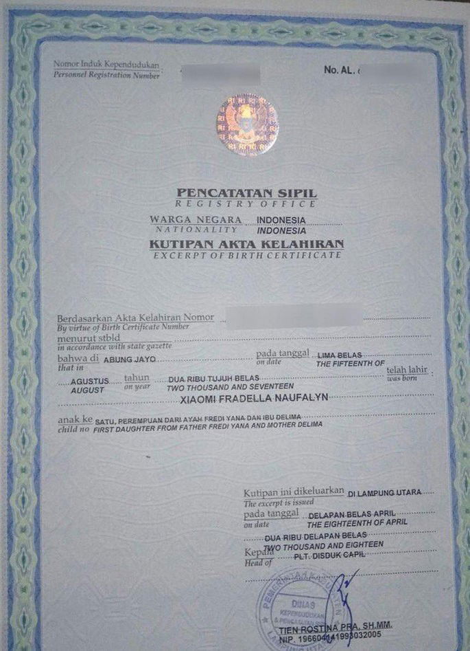 Documento que prova o registo de Xiaomi Fradella