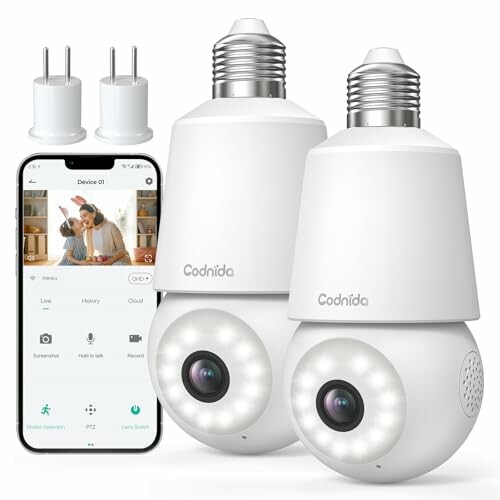 Codnida 2PCS Câmara Lâmpada Vigilância WiFi Exterior Interior 2K