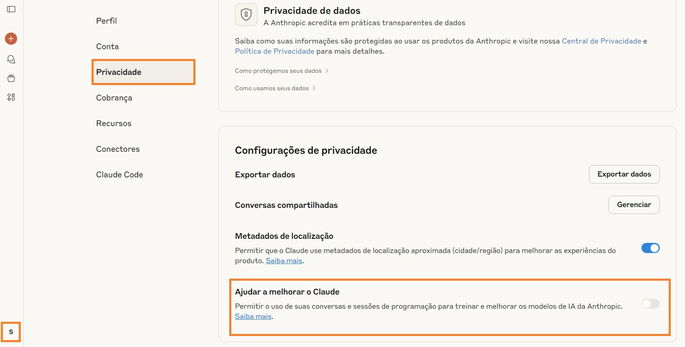 Como desativar a recolha de dados no Claude