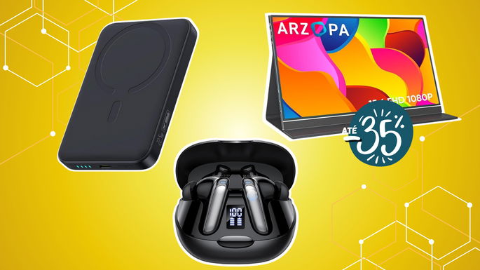 gadgets com cupão, monitor, powerbank e auriculares