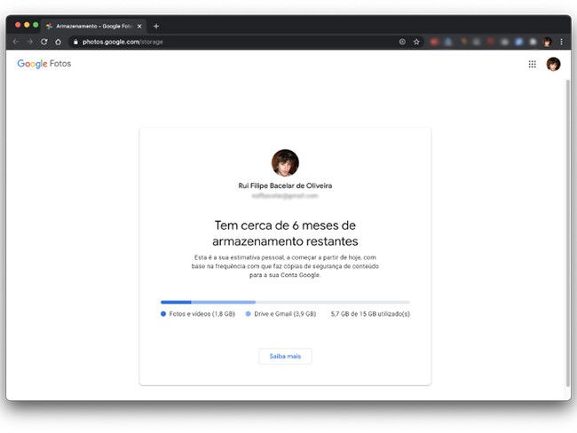 Conta Google Fotos espaço