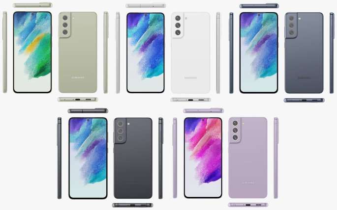 Este é o Samsung Galaxy S21 FE nas suas cinco cores e de todos os ângulos.