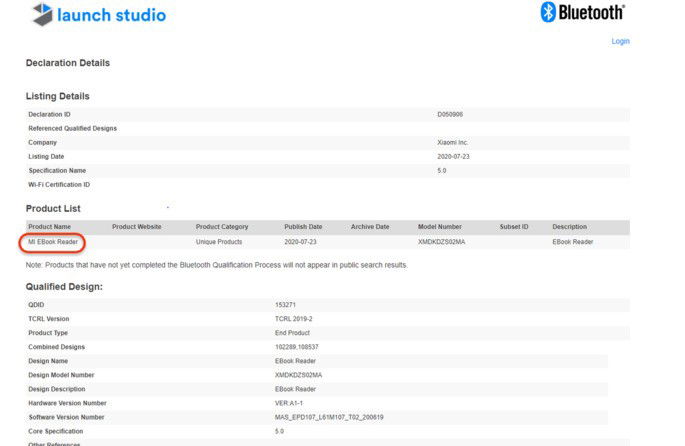 Xiaomi Mi EBook Reader certificado pela Bluetooth SIG. Crédito: Mukul Sharma