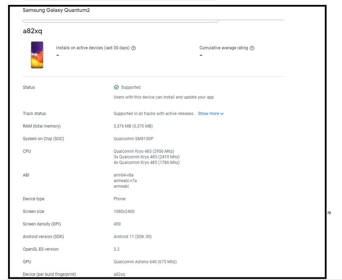 Listagem do Samsung Galaxy A82 na Google Play Console