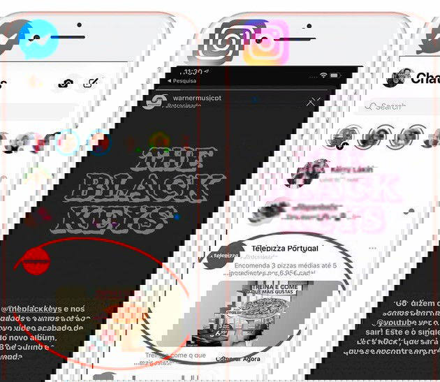 Publicidade à esquerda do Facebook Messenger, publicidade à direita do Instagram