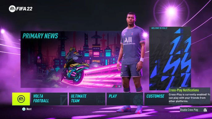 Referência ao crossplay no menu do FIFA 22