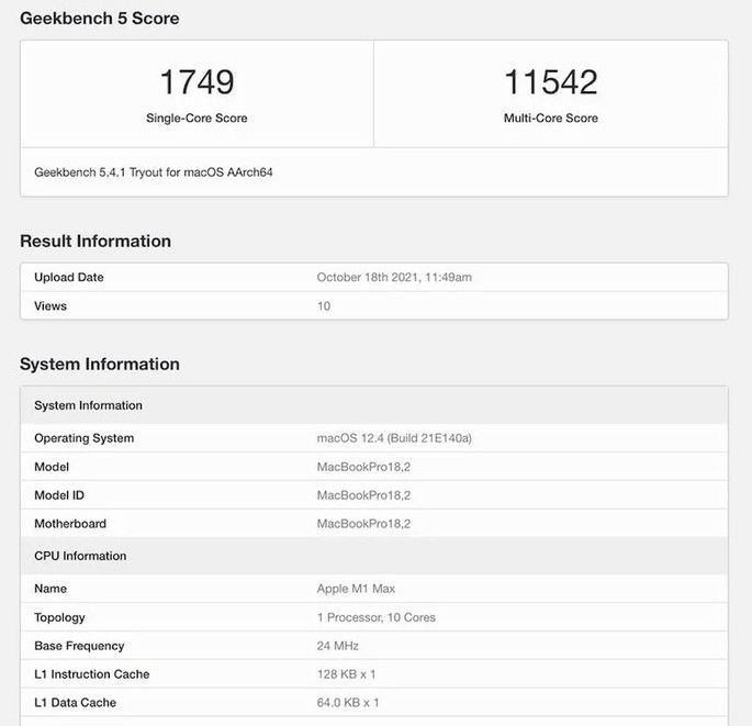 MacBook Pro com M1 Max no Geekbench