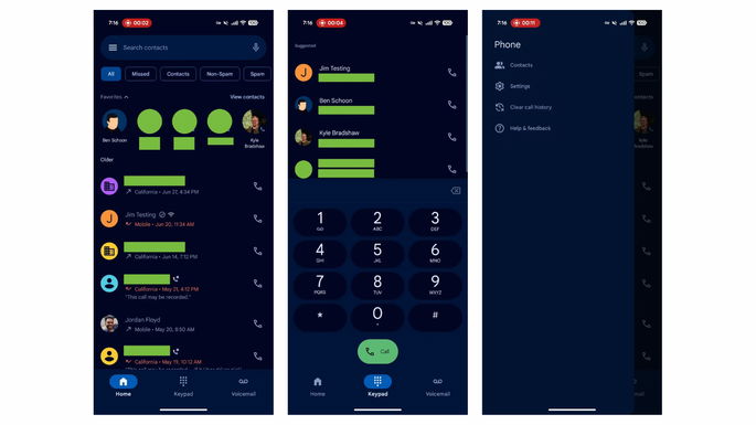 Novo design do Google Phone em dark mode