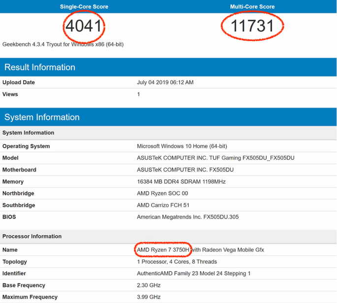 AMD Ryzen 7 3750H Geekbench