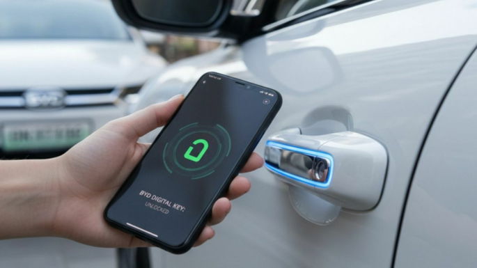 imagem de um smartphone a destrancar um modelo BYD