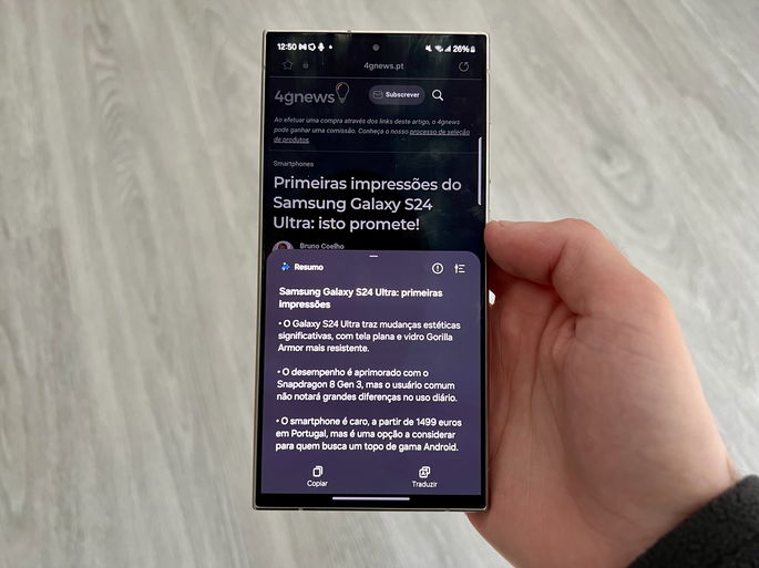 Exemplo de IA a fazer resumo do nosso artigo de primeiras impressões do Samsung Galaxy S24 Ultra