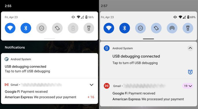 Notificações no Android 11 (esq.) e na Developer Preview 3 do Android 12 (dir.)