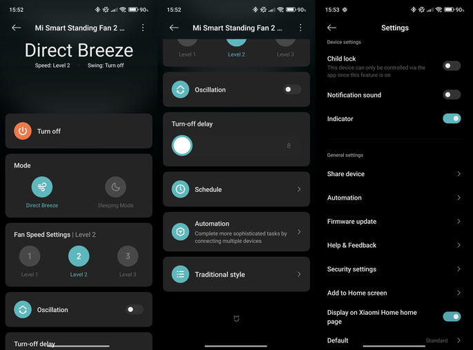 Interface e opções na app