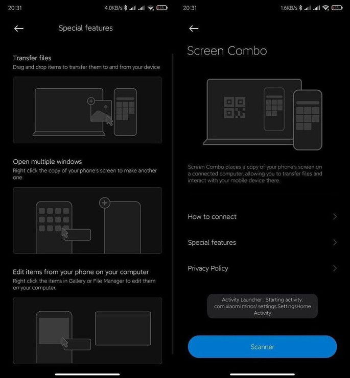Menus da app '