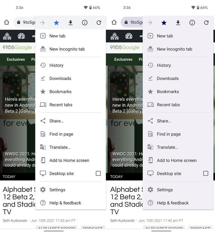 À esquerda o design atual do Google Chrome no Android. À direita a maquete de como pode ficar com o Material You. Crédito: 9to5Google