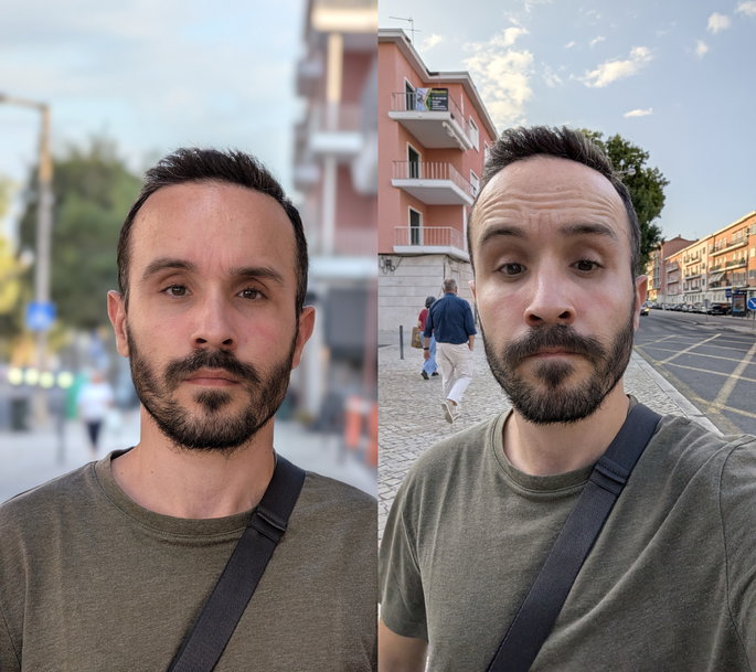 Retrato com teleobjetiva 5x (esquerda) e selfie c&acirc;mara frontal (direita)