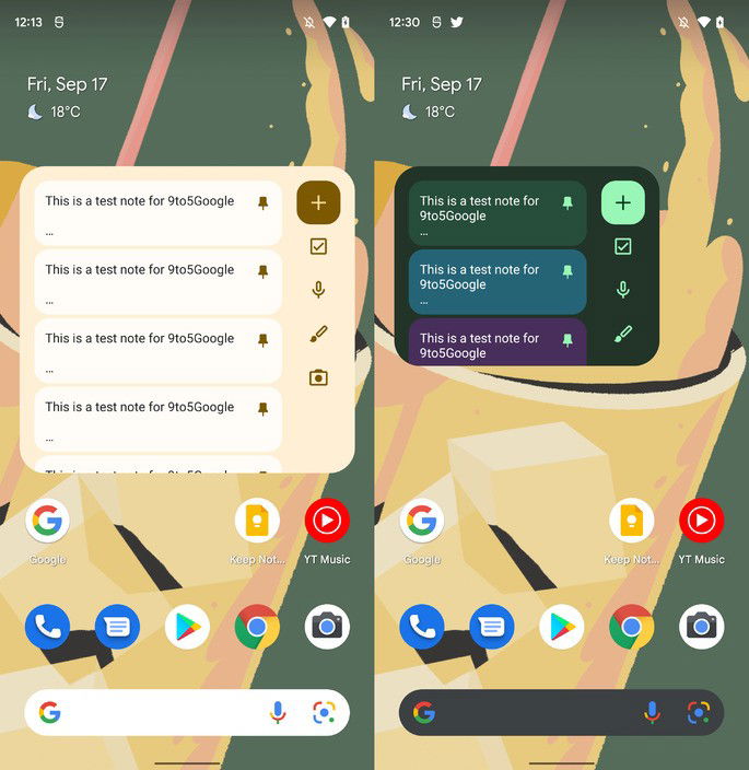 O novo aspeto do Google Keep com Material You no Android 12. Crédito: 9to5Google