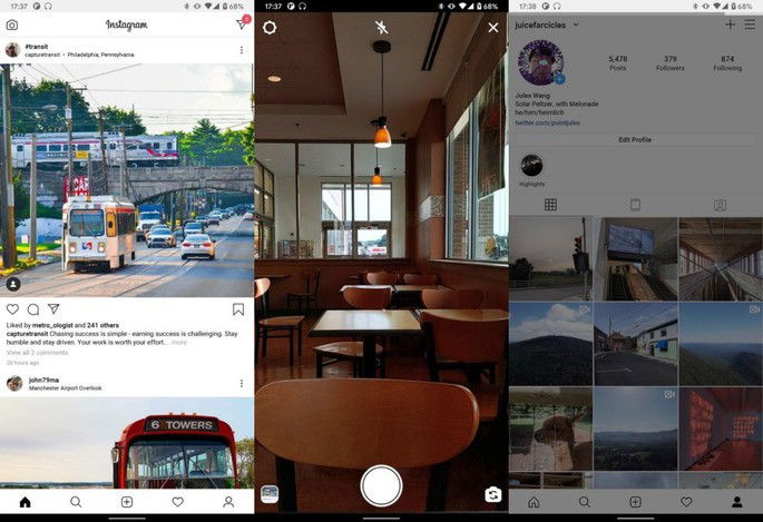 Interface atual do Instagram Lite