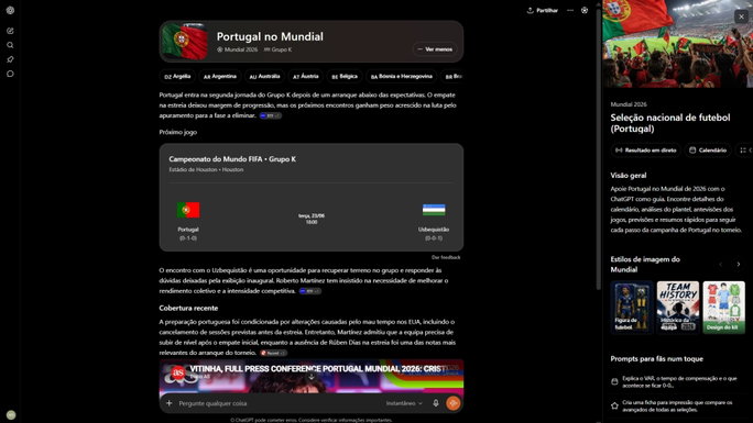 J&aacute; podes acompanhar o Mundial 2026 pelo ChatGPT com este novo recurso
