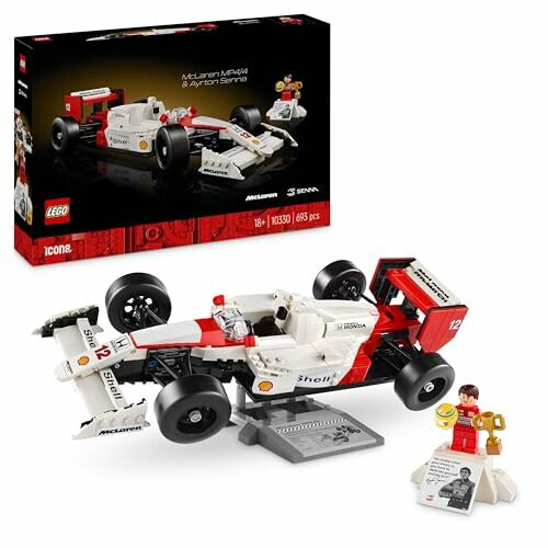 LEGO Icons McLaren MP4/4 e Ayrton Senna minifigura F1, decoração de secretária para casa e escritóri