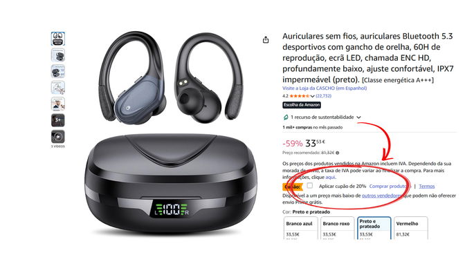 Auriculares sem fios aplicar o cupão 20%