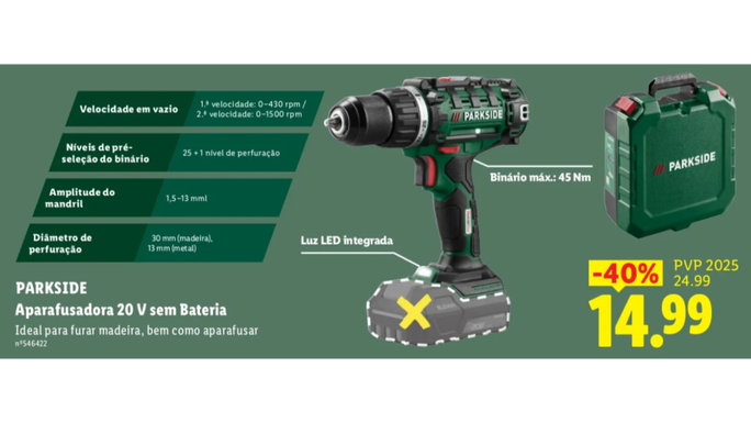 Aparafusadora 20 V sem Bateria
