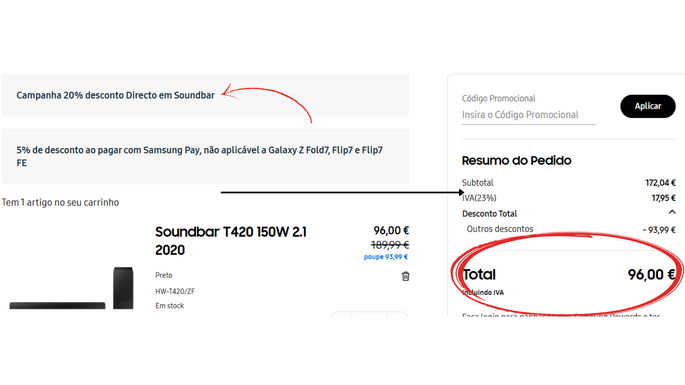 desconto de 20% em saundbar na loja samsung PT