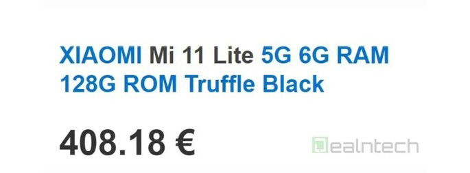 Xiaomi Mi 11 Lite 5G listado com preço de 408,18 € na Europa. Crédito: DealnTech