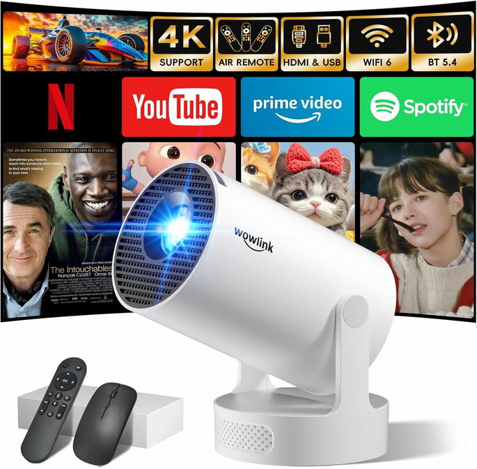 Mini projetor com WiFi 6 Bluetooth 5.4 Support 4K 1080P