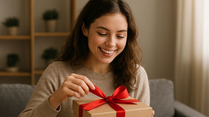 Imagem de uma mulher a abrir um presente