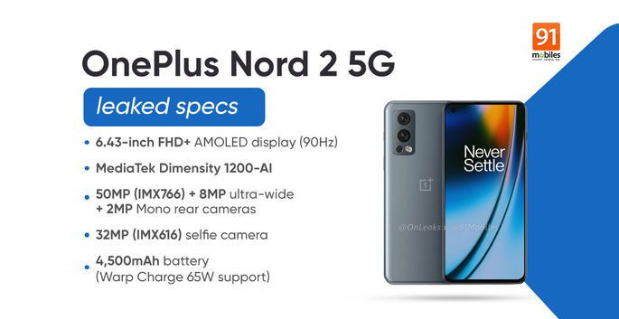 Principais especificações do OnePlus Nord 2, segundo o 91mobiles