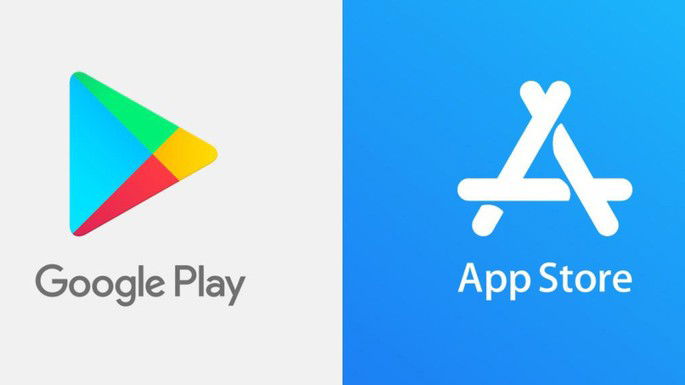 Logótipo da App Store e Play Store.