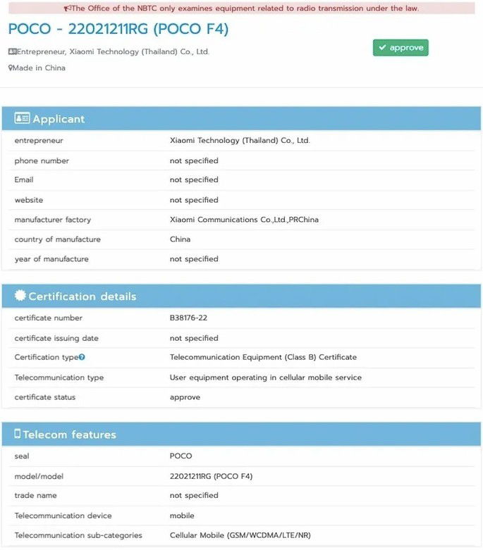 POCO F4 certificado na NBTC