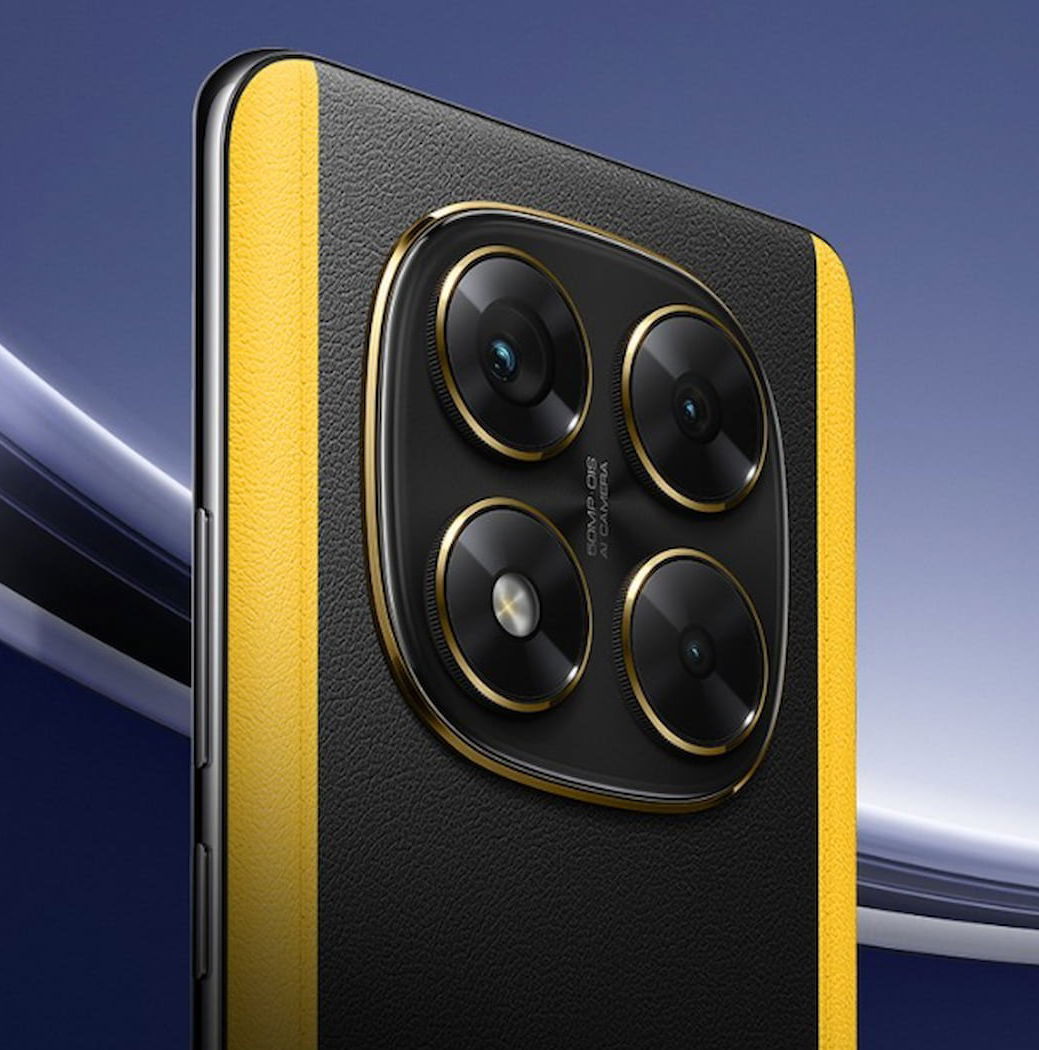 Um elegante telefone Poco X7 exibido em uma superfície limpa e moderna com iluminação suave, destacando sua câmera e tela.