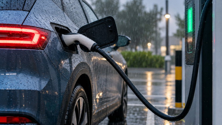 Podes carregar um carro elétrico à chuva? Eis o que precisas de saber