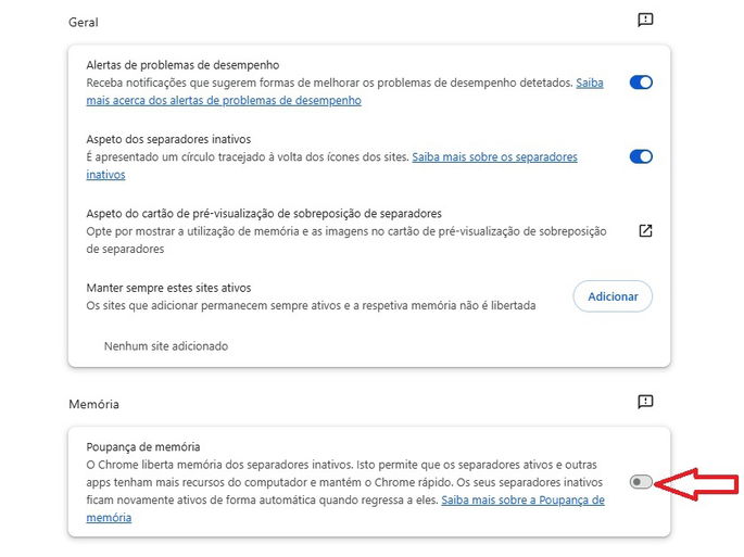 Chrome poupança memória