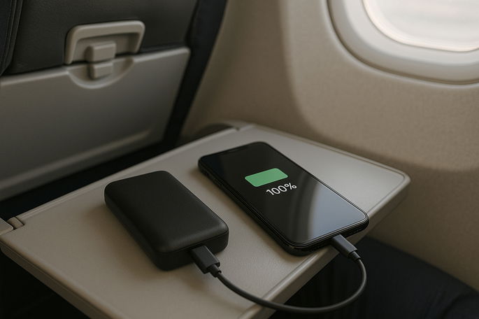 Powerbank a carregar telemóvel no avião