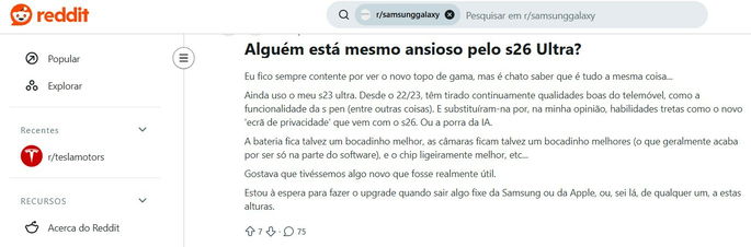 Comunidade portuguesa reddit sobre galaxy S26