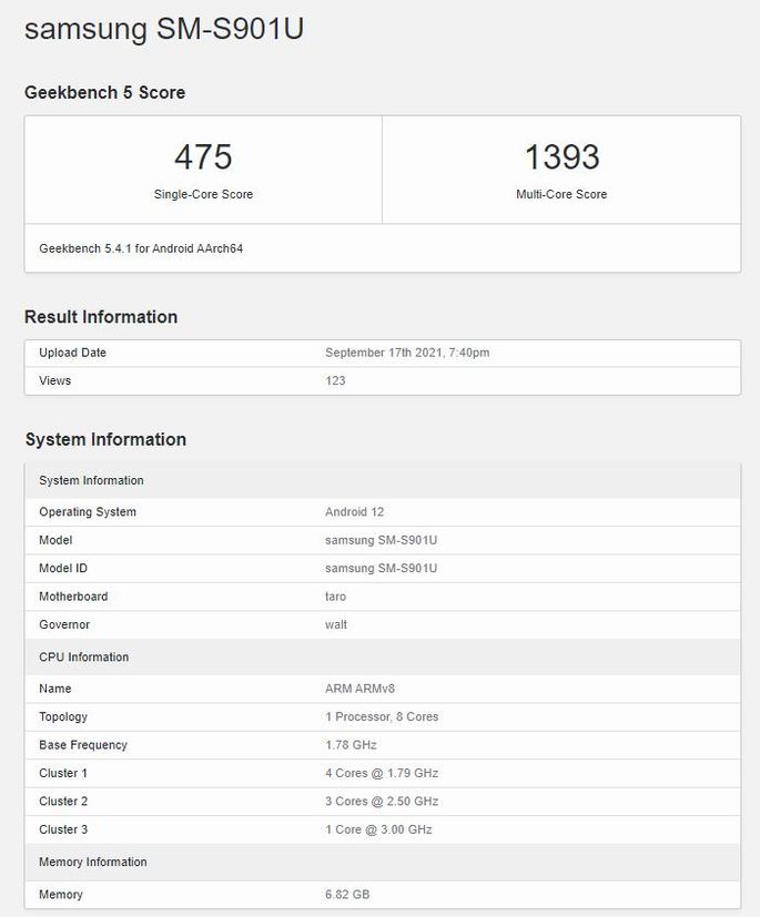 Samsung Galaxy S22 no Geekbench com Snapdragon 898. Crédito: Geekbench