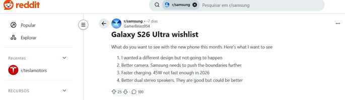 queixas sobre Samsung galaxy S26 na Reddit