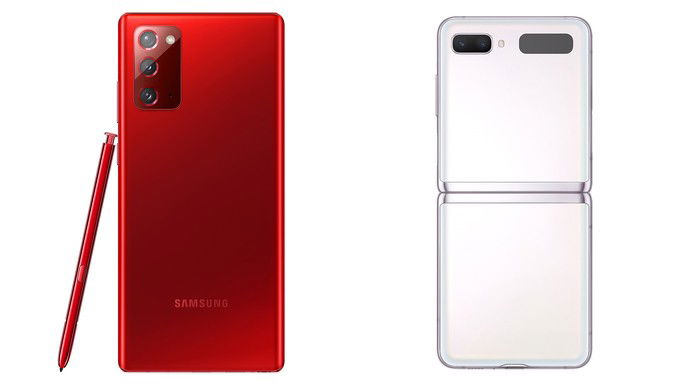 Samsung Galaxy Note 20 em Vermelho Místico e Samsung Galaxy Z Flip 5G em Branco Místico