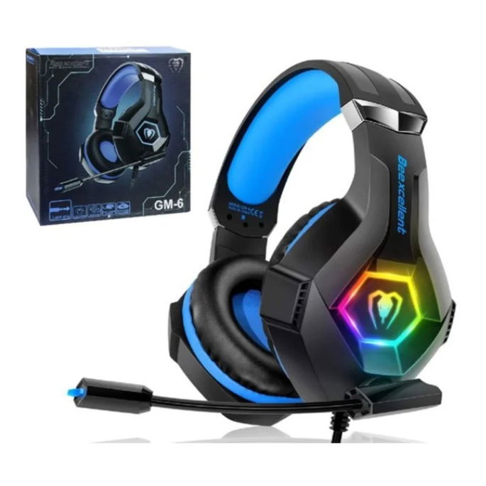 Auscultadores Gaming C/Fio Microfone Almofadados e com Luz Led Rgb Beexcellent Preto + Azul