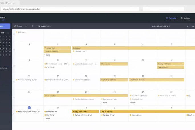 Exemplo no novo calendário do ProtonMail