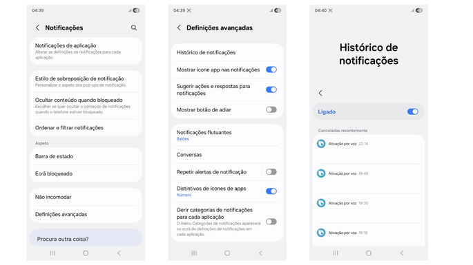 Screenshots do hist&oacute;rico de notifica&ccedil;&otilde;es