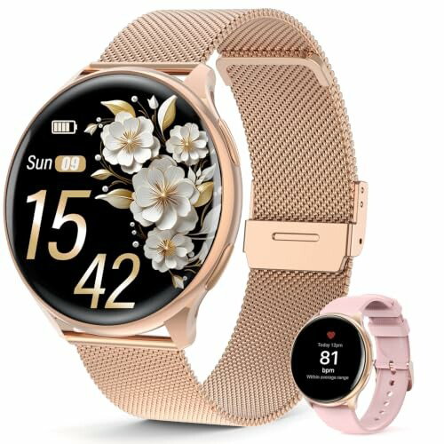 SLOKSFil Relógio inteligente feminino 1,39" SpO2, chamadas Bluetooth, rosa-dourado