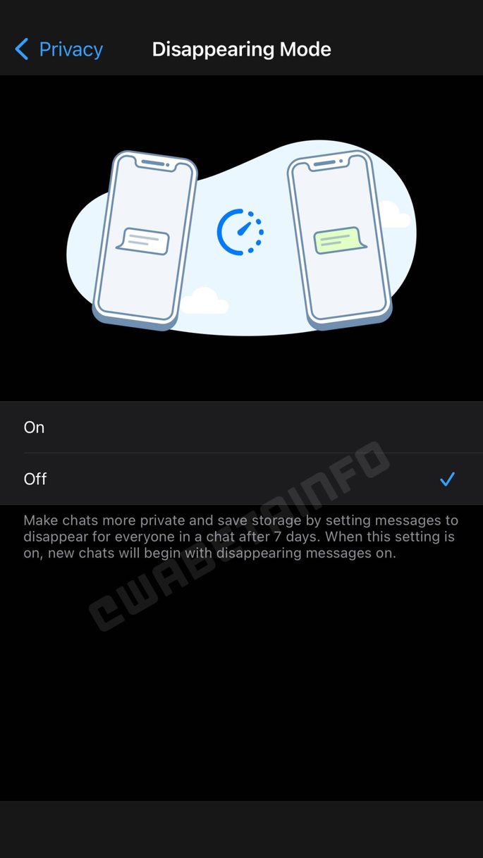 Modo de desaparecimento a caminho do WhatsApp. Crédito: WABetaInfo