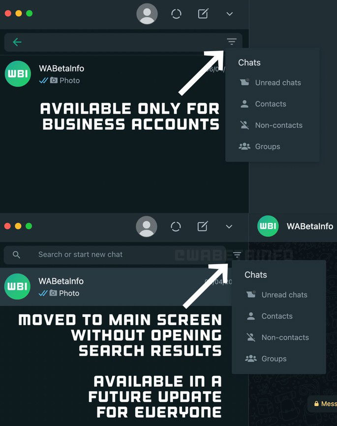 Filtragem de conversas a ser testada no WhatsApp. Crédito: WABetaInfo