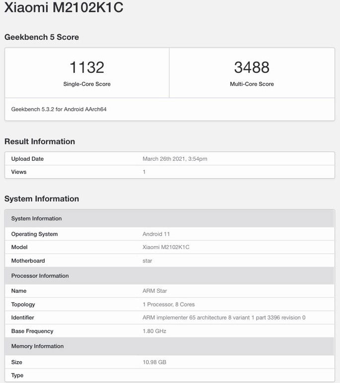 Pontuação do Xiaomi Mi 11 Ultra no Geekbench