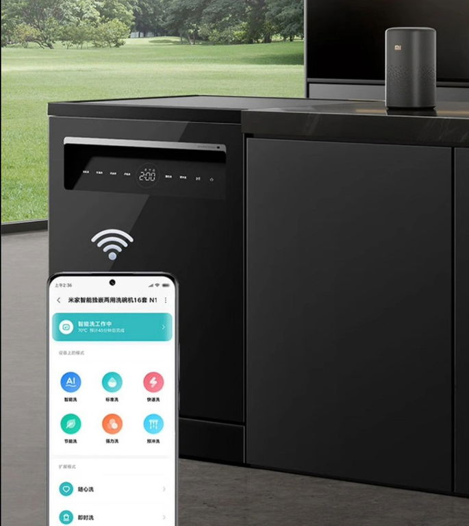 Imagem da Xiaomi MIJIA N1 Smart Dishwater a comunicar com um smartphone