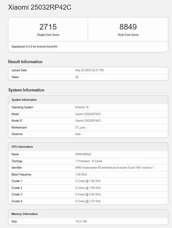 Imagem da pontuação do Xiaomi pad 7 ultra no geekbench